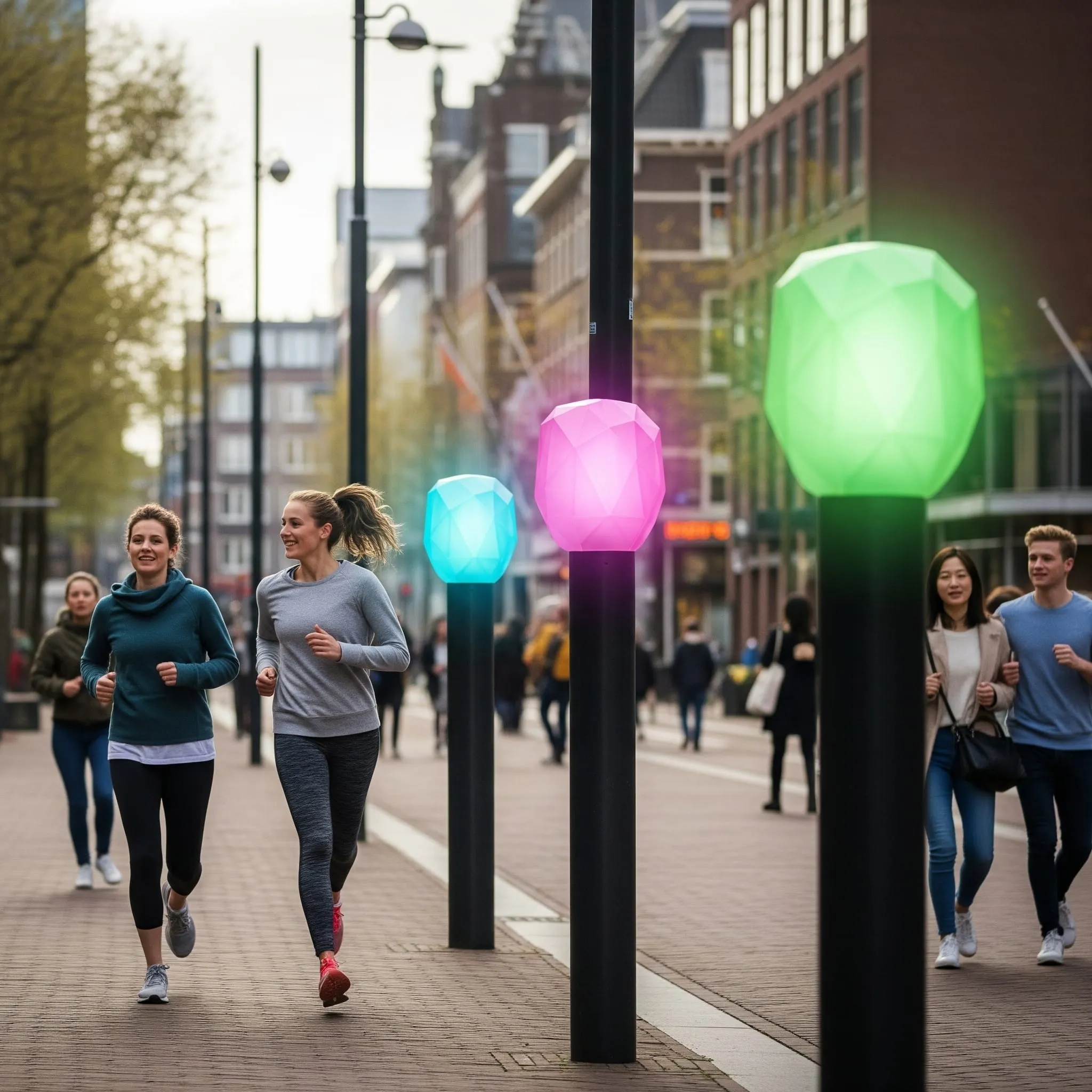 Concept render of colourful gem-shaped light modules along a city street as someone walks past